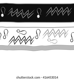 Horizontal seamless pattern of zodiac signs, doodles, object,aquarius,lions, zigzag,stripes, copy space. Hand drawn.