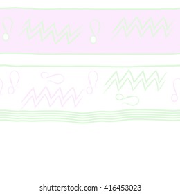 Horizontal seamless pattern of zodiac signs, doodles, object,aquarius,lions, zigzag,stripes, copy space. Hand drawn.