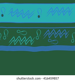Horizontal seamless pattern of zodiac signs, doodles, object,aquarius,lions, zigzag,stripes, copy space. Hand drawn.