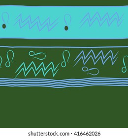 Horizontal seamless pattern of zodiac signs, doodles, object,aquarius,lions, zigzag,stripes, copy space. Hand drawn.