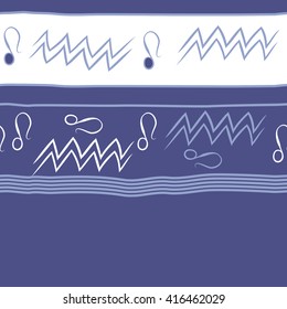 Horizontal seamless pattern of zodiac signs, doodles, object,aquarius,lions, zigzag,stripes, copy space. Hand drawn.