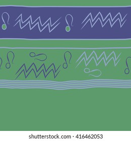 Horizontal seamless pattern of zodiac signs, doodles, object,aquarius,lions, zigzag,stripes, copy space. Hand drawn.