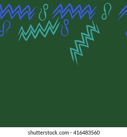 Horizontal seamless pattern of zodiac signs, doodles, object,aquarius,lions, zigzag, copy space. Hand drawn.