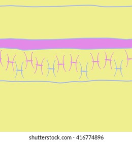 Horizontal seamless pattern of zodiac signs, doodles, object,pisces, stripes, spot, copy space. Hand drawn.