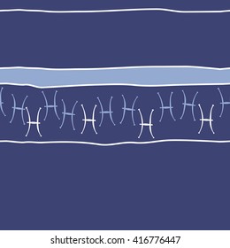Horizontal seamless pattern of zodiac signs, doodles, object,pisces, stripes, spot, copy space. Hand drawn.