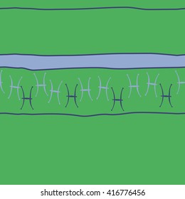 Horizontal seamless pattern of zodiac signs, doodles, object,pisces, stripes, spot, copy space. Hand drawn.