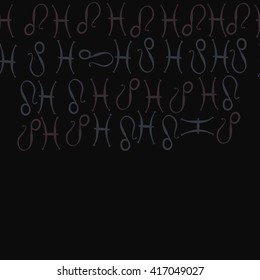 Horizontal seamless pattern of zodiac signs, doodles, object,pisces,lions, copy space. Hand drawn.