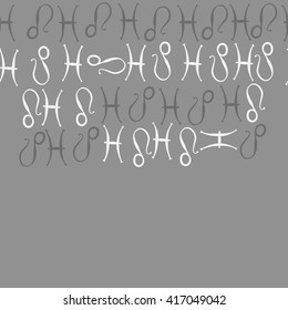 Horizontal seamless pattern of zodiac signs, doodles, object,pisces,lions, copy space. Hand drawn.