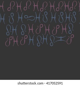 Horizontal seamless pattern of zodiac signs, doodles, object,pisces,lions, copy space. Hand drawn.