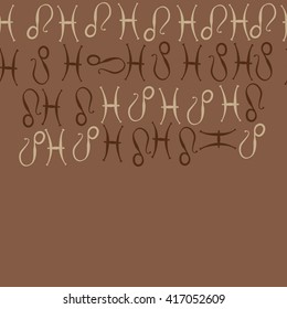 Horizontal seamless pattern of zodiac signs, doodles, object,pisces,lions, copy space. Hand drawn.