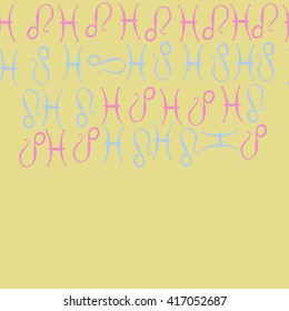 Horizontal seamless pattern of zodiac signs, doodles, object,pisces,lions, copy space. Hand drawn.