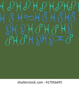Horizontal seamless pattern of zodiac signs, doodles, object,pisces,lions, copy space. Hand drawn.