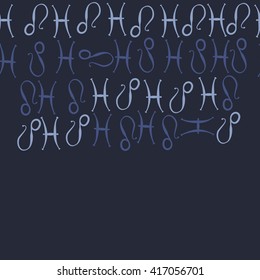 Horizontal seamless pattern of zodiac signs, doodles, object,pisces,lions, copy space. Hand drawn.