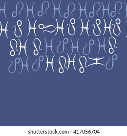Horizontal seamless pattern of zodiac signs, doodles, object,pisces,lions, copy space. Hand drawn.