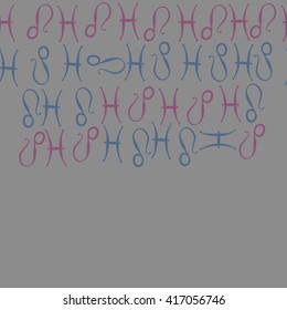 Horizontal seamless pattern of zodiac signs, doodles, object,pisces,lions, copy space. Hand drawn.