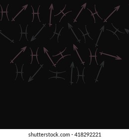 Horizontal seamless pattern of zodiac signs, doodles, object,pisces,sagittarius, copy space. Hand drawn.