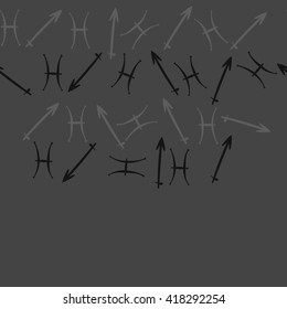 Horizontal seamless pattern of zodiac signs, doodles, object,pisces,sagittarius, copy space. Hand drawn.