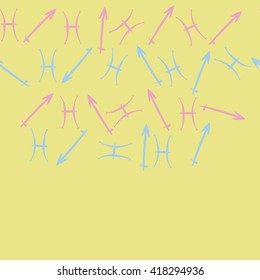 Horizontal seamless pattern of zodiac signs, doodles, object,pisces,sagittarius, copy space. Hand drawn.