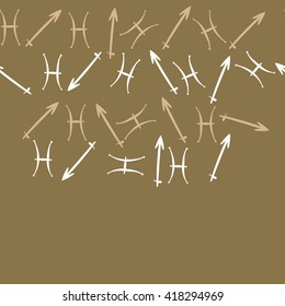 Horizontal seamless pattern of zodiac signs, doodles, object,pisces,sagittarius, copy space. Hand drawn.
