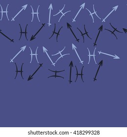 Horizontal seamless pattern of zodiac signs, doodles, object,pisces,sagittarius, copy space. Hand drawn.