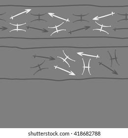 Horizontal seamless pattern of zodiac signs, doodles, object,pisces,sagittarius,stripes,  copy space. Hand drawn.