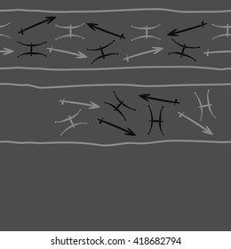 Horizontal seamless pattern of zodiac signs, doodles, object,pisces,sagittarius,stripes,  copy space. Hand drawn.