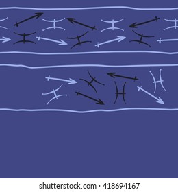 Horizontal seamless pattern of zodiac signs, doodles, object,pisces,sagittarius,stripes,  copy space. Hand drawn.