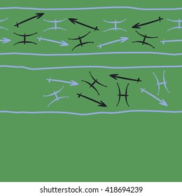 Horizontal seamless pattern of zodiac signs, doodles, object,pisces,sagittarius,stripes,  copy space. Hand drawn.