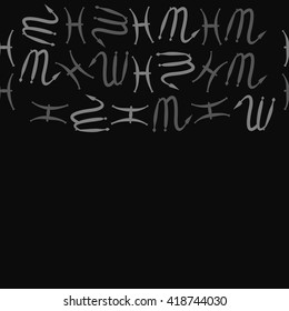 Horizontal seamless pattern of zodiac signs, doodles, object,pisces,scorpio,  copy space. Hand drawn.