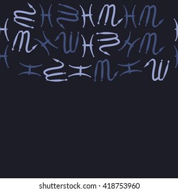 Horizontal seamless pattern of zodiac signs, doodles, object,pisces,scorpio,  copy space. Hand drawn.