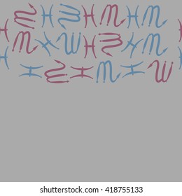 Horizontal seamless pattern of zodiac signs, doodles, object,pisces,scorpio,  copy space. Hand drawn.