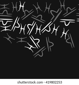 Horizontal seamless  pattern of zodiac signs, doodles, object,pisces,libra, copy space. Hand drawn.