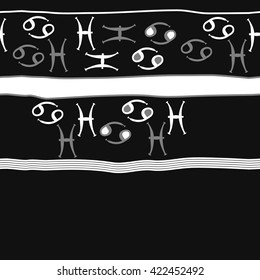 Horizontal seamless pattern  of zodiac signs, doodles, object,cancer, pisces,stripes, spots,ellipses, copy space. Hand drawn.