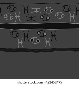 Horizontal seamless pattern  of zodiac signs, doodles, object,cancer, pisces,stripes, spots,ellipses, copy space. Hand drawn.