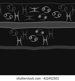 Horizontal seamless pattern  of zodiac signs, doodles, object,cancer, pisces,stripes, spots,ellipses, copy space. Hand drawn.