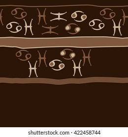 Horizontal seamless pattern  of zodiac signs, doodles, object,cancer, pisces,stripes, spots,ellipses, copy space. Hand drawn.