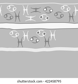 Horizontal seamless pattern  of zodiac signs, doodles, object,cancer, pisces,stripes, spots,ellipses, copy space. Hand drawn.