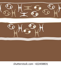 Horizontal seamless pattern  of zodiac signs, doodles, object,cancer, pisces,stripes, spots,ellipses, copy space. Hand drawn.