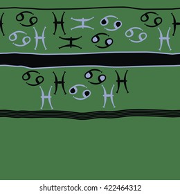 Horizontal seamless pattern  of zodiac signs, doodles, object,cancer, pisces,stripes, spots,ellipses, copy space. Hand drawn.