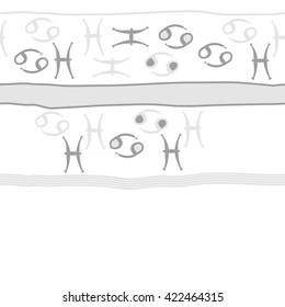 Horizontal seamless pattern  of zodiac signs, doodles, object,cancer, pisces,stripes, spots,ellipses, copy space. Hand drawn.