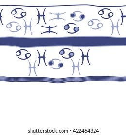 Horizontal seamless pattern  of zodiac signs, doodles, object,cancer, pisces,stripes, spots,ellipses, copy space. Hand drawn.