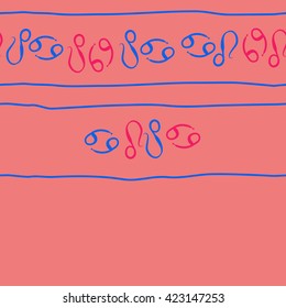 Horizontal seamless  pattern  of zodiac signs, doodles, object,cancer,lions, copy space. Hand drawn.