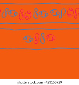 Horizontal seamless  pattern  of zodiac signs, doodles, object,cancer,lions, copy space. Hand drawn.
