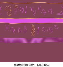 Horizontal seamless pattern of zodiac signs, doodles, stripes,spot, object,cancer,virgo,aries,cancer,lion,scorpio,sagittarius,capricorn,aquarius,pisces, copy space. Hand drawn.