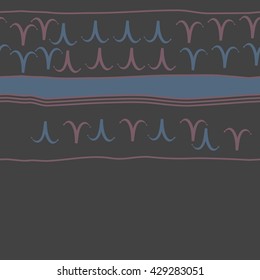 Horizontal seamless  pattern of zodiac signs, doodles,  object,aries,stripes, spot, copy space. Hand drawn.
