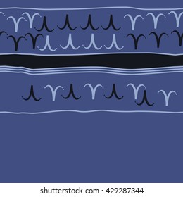 Horizontal seamless  pattern of zodiac signs, doodles,  object,aries,stripes, spot, copy space. Hand drawn.