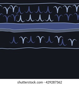 Horizontal seamless  pattern of zodiac signs, doodles,  object,aries,stripes, spot, copy space. Hand drawn.
