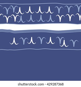 Horizontal seamless  pattern of zodiac signs, doodles,  object,aries,stripes, spot, copy space. Hand drawn.