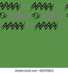 Horizontal seamless  pattern of zodiac signs, doodles,  object,cancer, aquarius, copy space. Hand drawn.