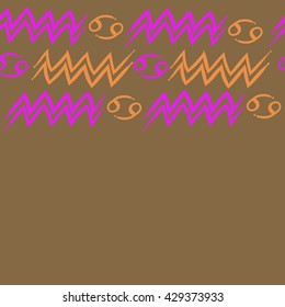 Horizontal seamless  pattern of zodiac signs, doodles,  object,cancer, aquarius, copy space. Hand drawn.